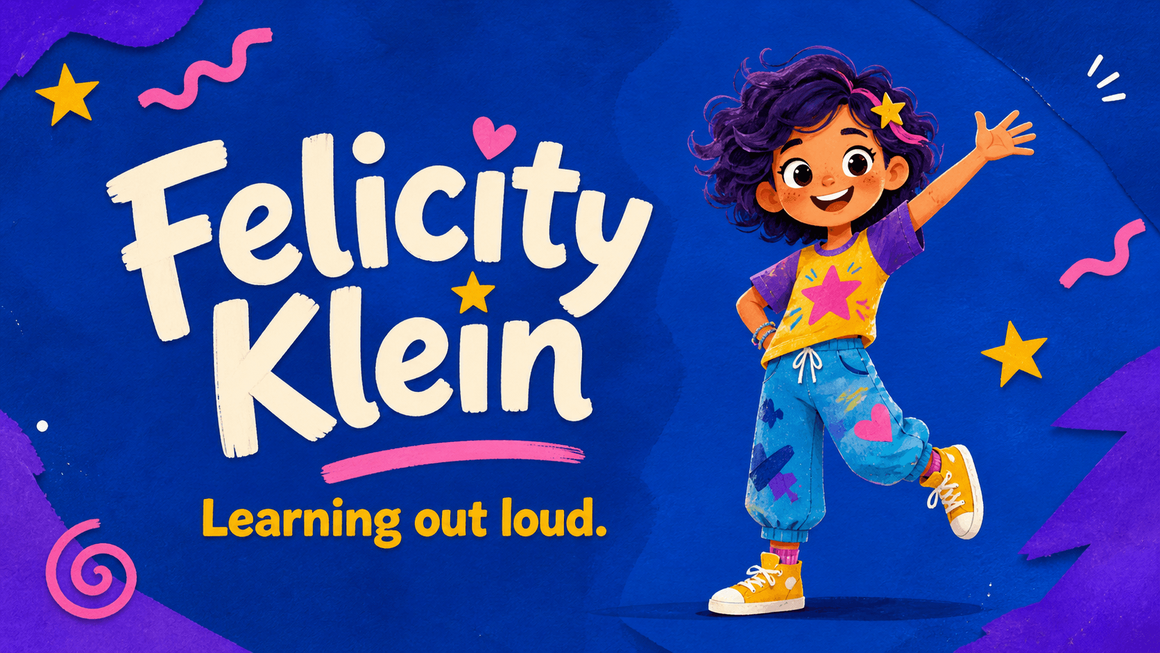An original illustrated kid-like buddy in blue, yellow, pink, and purple